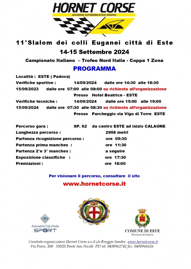 PROGRAMMA 11° SLALOM DEI COLLI EUGANEI CITTA' DI ESTE - HORNET CORSE