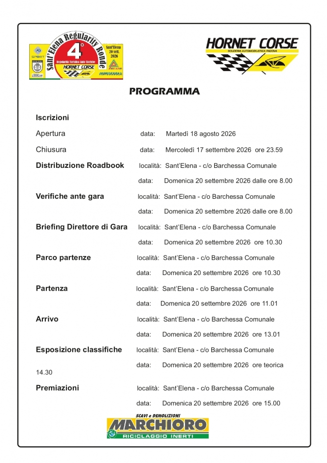 PROGRAMMA 4° SANT' ELENA REGULARITY RONDE - HORNET CORSE